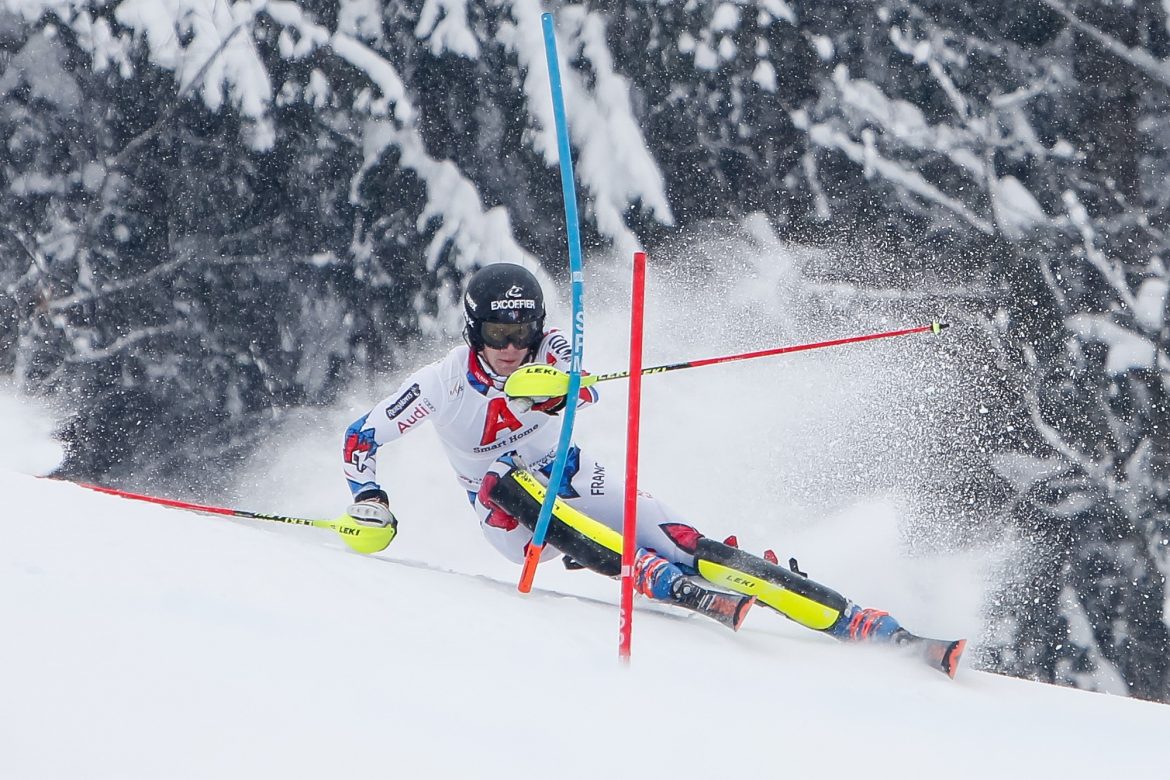 Clément Noël pendant une étape de la coupe du monde de Slalom, le 26 Janvier 2019 à Kitzbuehel en Autriche. (Photo de Alexis Boichard/Agence Zoom)