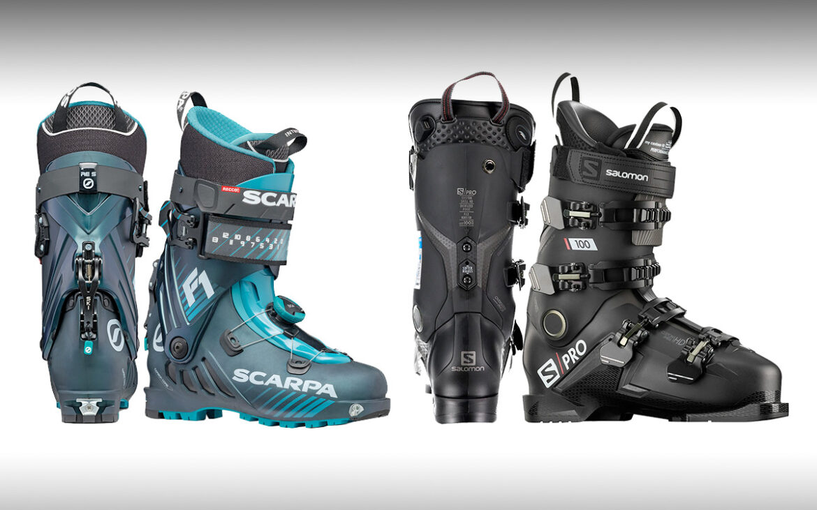 À gauche, une Scarpa F1 pour la rando, à droite une Salomon S/Pro 100 pour l'alpin